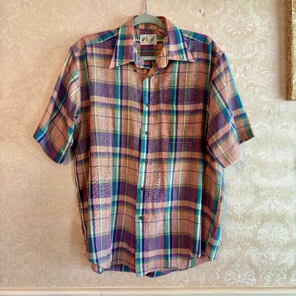 Super Thin Summer Weight 80s Pink Large Format Plaid Button Shirt Large L - Picture 1 of 11